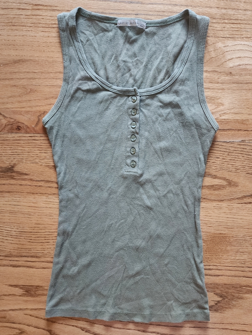 Active Basic Women's Solid Green Ribbed Button Down Scoop Neck Tank Top Small S